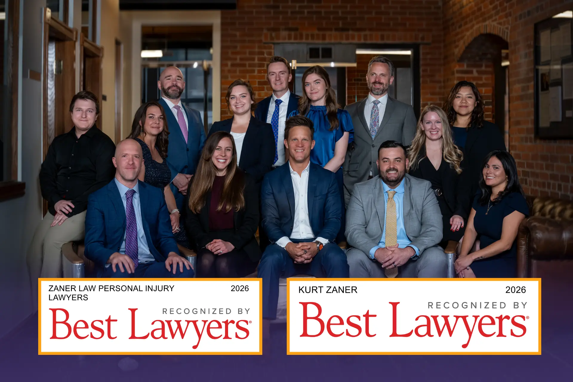 Group photo of the Zaner Law Personal Injury Lawyers legal team in an office setting with a brick wall background. The bottom of the image features two official badges reading "Zaner Law Personal Injury Lawyers 2026 Recognized by Best Lawyers" and "Kurt Zaner 2026 Recognized by Best Lawyers.